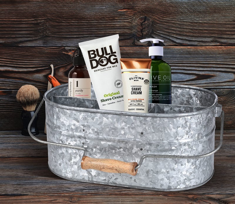 Light & Pro Multipurpose Galvanized Rustic Farmhouse Caddy - Metal 4 Compartment Storage Bin Caddy With Wooden Handle Perfect For Kitchen Utensils, Picnic, Garden Planter - Hammered - Antique Grey - Image 5